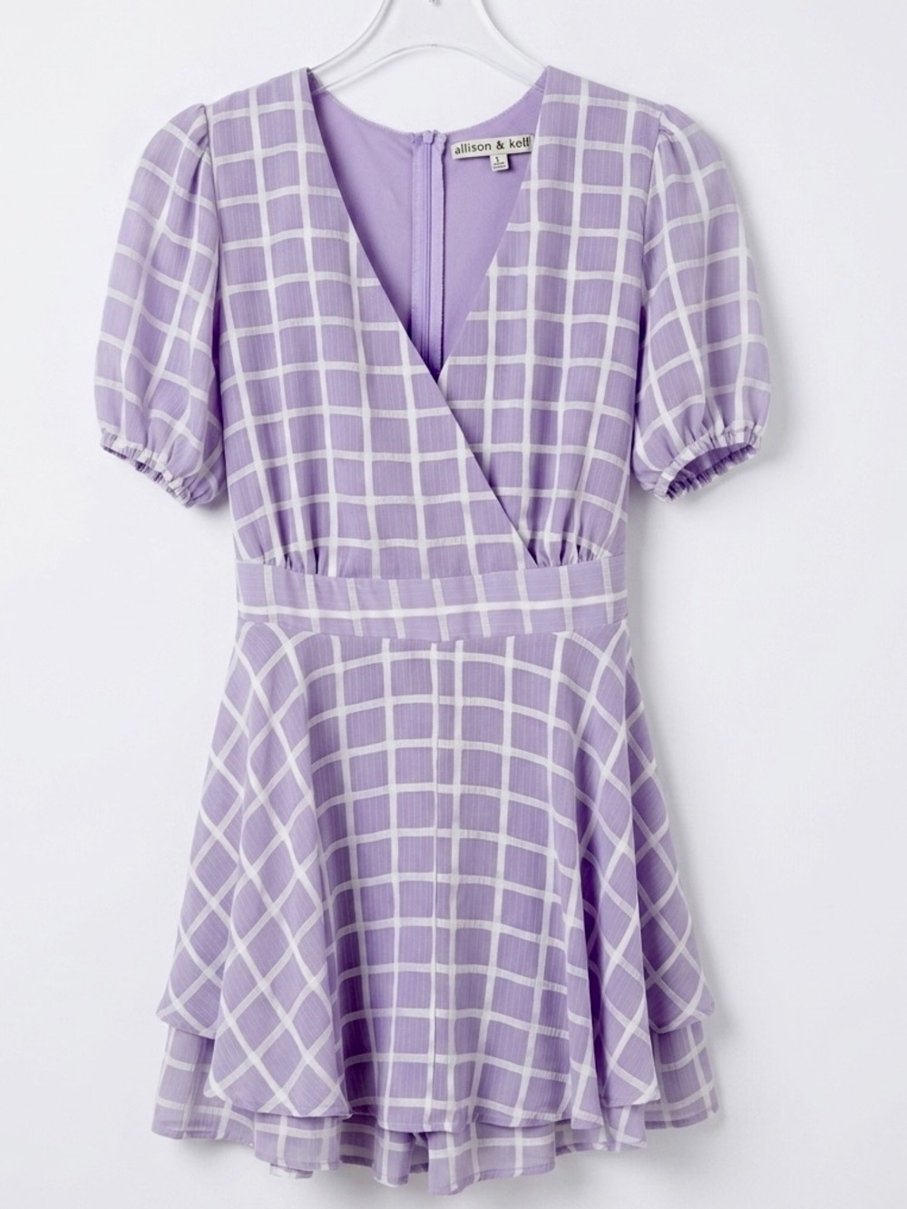 Allison & Kelly Plaid Romper Tiered Skort Puff Sleeve Lilac Large L⁠ -FLAW